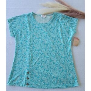 Anneliese Tropical Short Sleeve Top Womens Size 2X Button Accents Blue And White